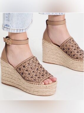 Tory Burch Almond Basketweave Leather Espadrille Wedge Sandals Ankle Strap 9.5